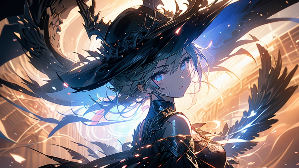 A dark fallen angel standing in a dark temple。Flying in the sky。Black wings growing from its back。Looking at this。Hair is black。