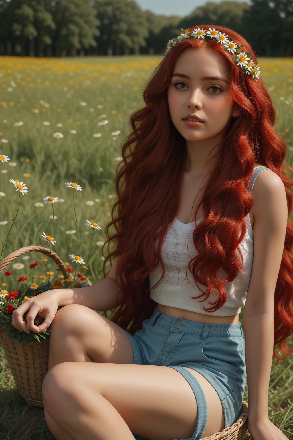 (girl:1.2),One, (long red curly red hair:1.1), Blue eyes, Wear a wreath of daisies on your head, Sitting in a chamomile field, (fruit basket:1.1), blue shorts, Red shirt,,RAW,photographic,photo shadow,valid,Ridiculous,aesthetic,elegant
