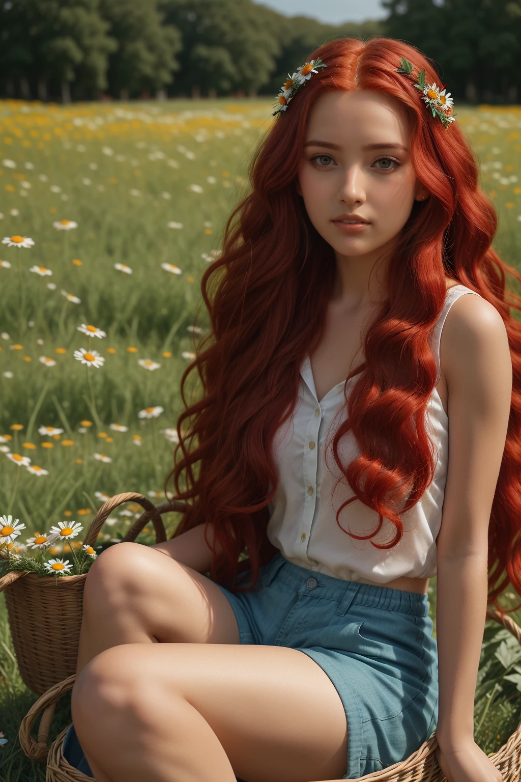 (girl:1.2),One, (long red curly red hair:1.1), Blue eyes, Wear a wreath of daisies on your head, Sitting in a chamomile field, (fruit basket:1.1), blue shorts, Red shirt,,RAW,photographic,photo shadow,valid,Ridiculous,aesthetic,elegant 
