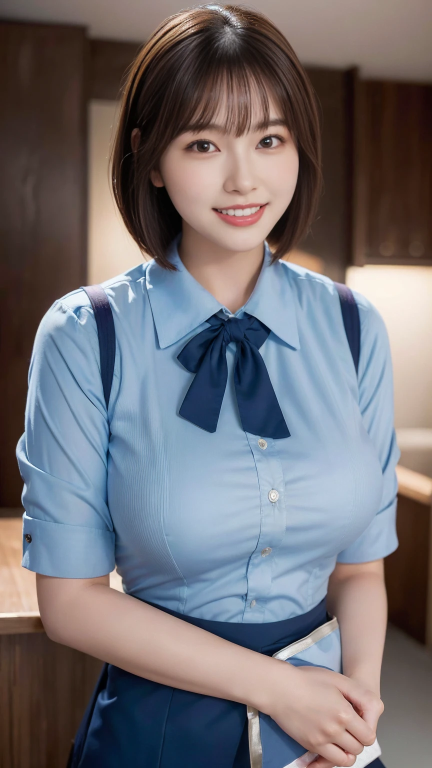 (((Highest quality))), (((masterpiece))), (((Ultra-high resolution))), (((Realistic)))、(((Realistic:1.4))), (((Big Breasts))), (((Photo album)))、(((8k))), Beautiful lighting, Studio Lighting, Voluptuous, Beautiful woman, (((Short Bob))), (((Brown ash))), Beautiful Skin, Fine skin, 魅惑的なsmile, Background blur, smile, Hair over the ears, beautiful girl, (((Fair skin))), Plump body, (((THAT、stewardess)))