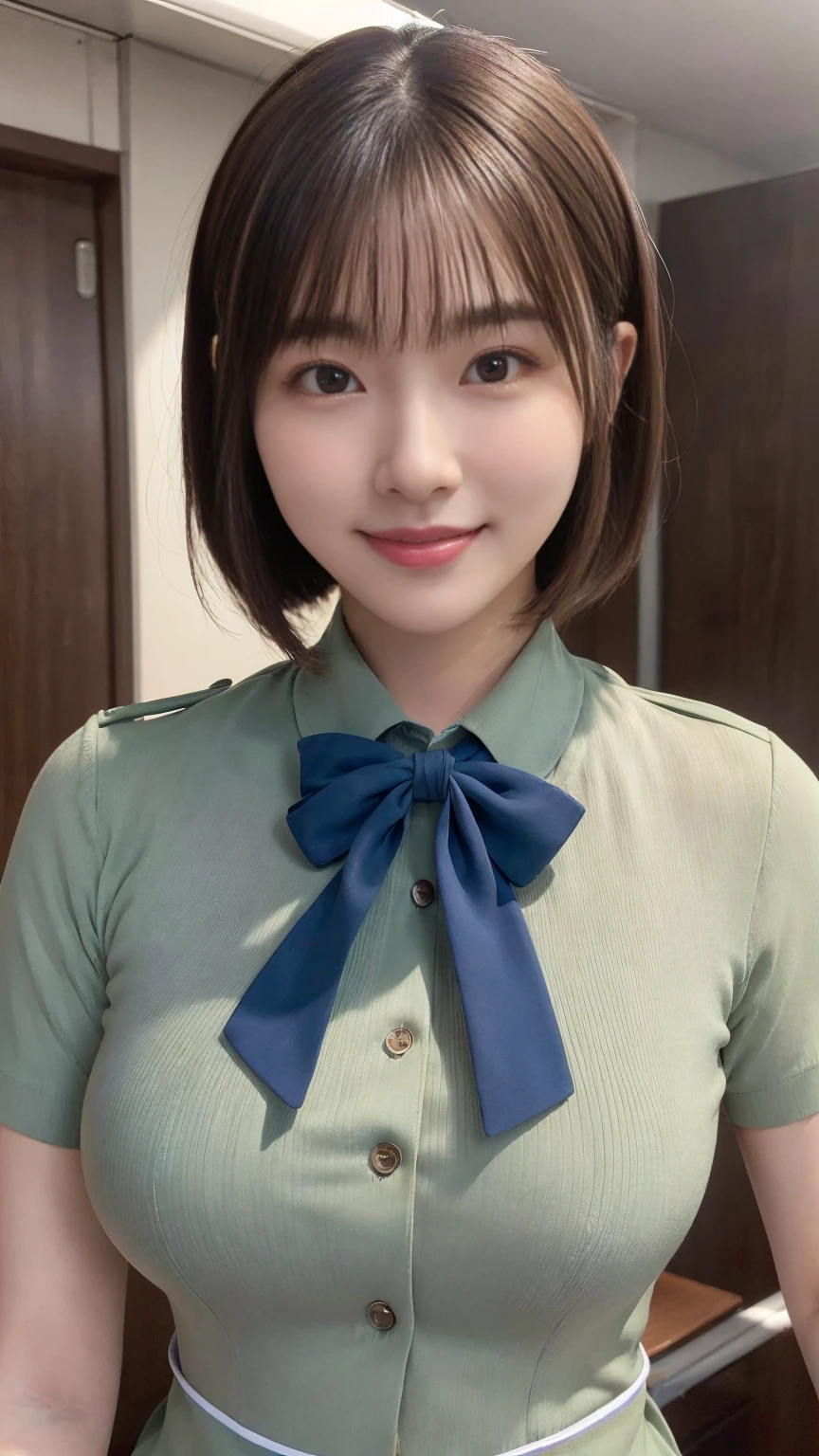 (((Highest quality))), (((masterpiece))), (((Ultra-high resolution))), (((Realistic)))、(((Realistic:1.4))), (((Big Breasts))), (((Photo album)))、(((8k))), Beautiful lighting, Studio Lighting, Voluptuous, Beautiful woman, (((Short Bob))), (((Brown ash))), Beautiful Skin, Fine skin, 魅惑的なsmile, Background blur, smile, Hair over the ears, beautiful girl, (((Fair skin))), Plump body, (((THAT、stewardess)))