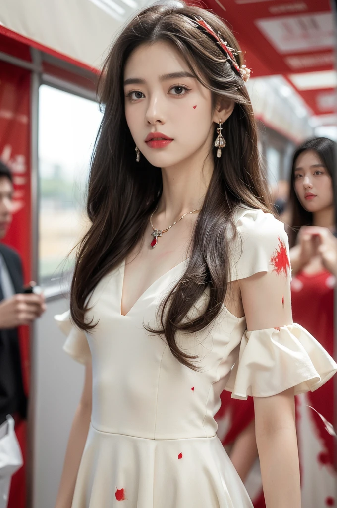 (((best quality))),(((ultra detailed))),(((masterpiece))),illustration,(a stunning girl,solo),(shoulder length straight hair:1.2),((earrings,necklace)),((slim,thin)),((small breasts,flat chest)),(standing:1.3), ((awkwardly,painful,embarrassed)),(In modern high-speed railway carriages:1.3),(short sleeves:1.2),(white dress splattered with red paint stains:1.3),(surrounded by crowded crowds:1.3),((from front,upper body))