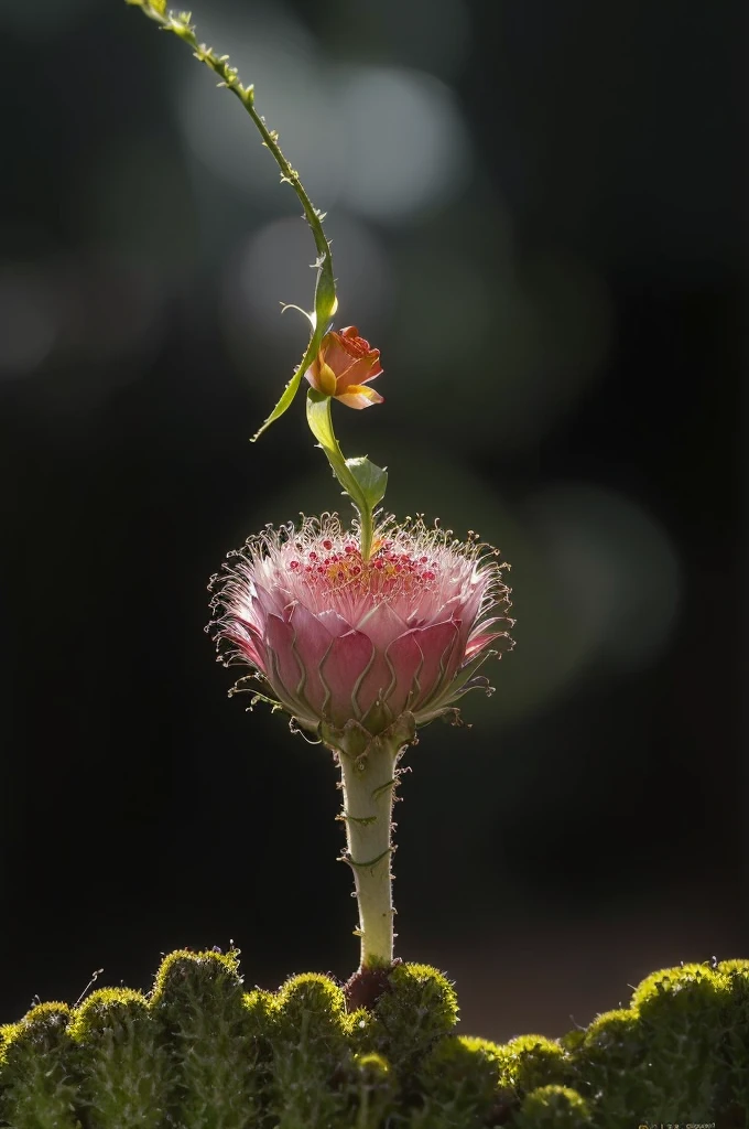 There is a small plant,There is a small flower on it, Award-winning macro photography, Alien Flower, Carnivorous plants, award winning nature photo, award winning nature photograph, Sundew, high quality nature photography, Flowers growing from the head, macro photography 8k, beautiful macro photography, Inside the flower, Exotic plants, growing out of a giant rose