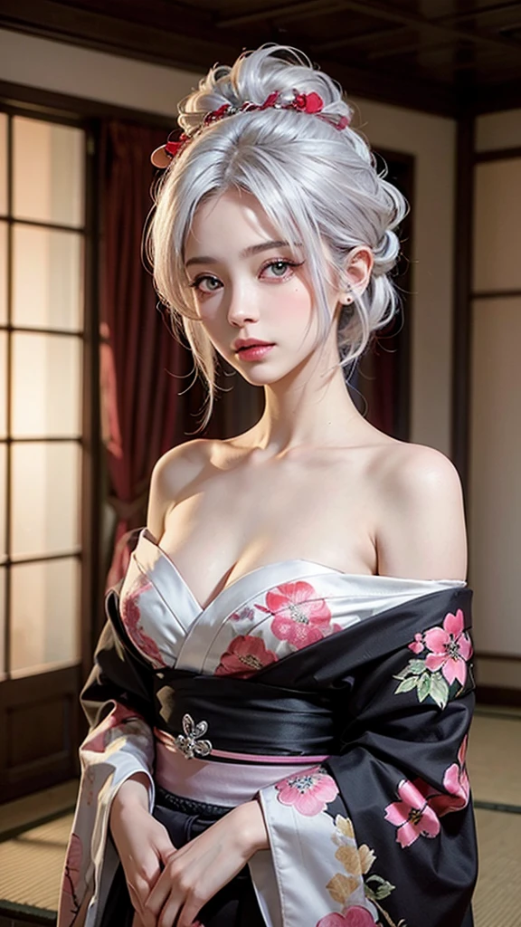 masterpiece,Overall red and black,On the roof, Beautiful woman, Black kimono, White floral pattern, hair ornaments, Japan hair, Silver Hair,high quality, Realistic, detailed, Japanese-style room, Soft lighting, luxury, Grace, Natural posture, high qualityのメイクアップ, flashy、luxury、Nice、Silk texture, Traditional Arts, Natural landscape background sky with rainbow, 20-year-old woman, Platinum-coloured hair, (High Top Fade:1.3), Shoulder-length hair,(Hair with pink gradation at the ends,) ((Pale red eyes,)) Dark Theme, Calm tone, Calm colors, High Contrast, (Natural skin texture, Hyperrealism, Soft Light, sharp)smile,Off the shoulder,