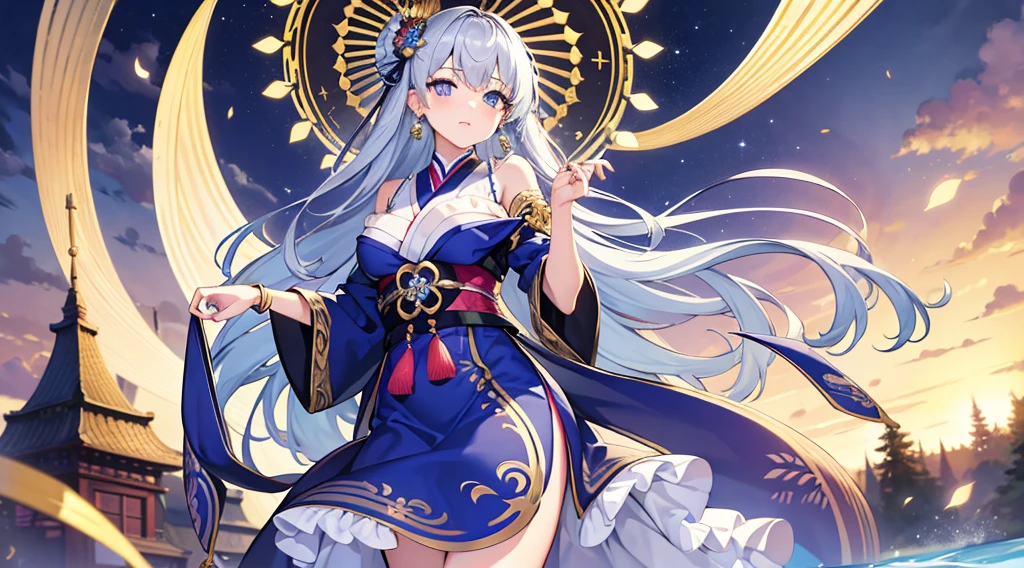 Highest quality, masterpiece, figure, wallpaper,One girl, Beautiful detailed girl, Highly detailed eyes and face, Beautiful attention to detail, Shine, View your viewers, Blue Eyes, Side Up,Beautiful silver hair ,crisp finger, clear background, deep night、Big earrings、bracelet,kimono,