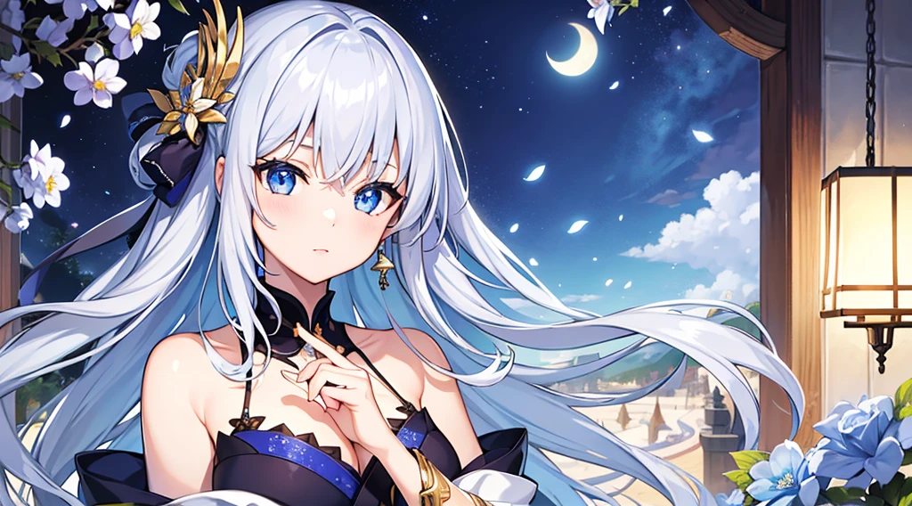 Highest quality, masterpiece, figure, wallpaper,One girl, Beautiful detailed girl, Highly detailed eyes and face, Beautiful attention to detail, Shine, View your viewers, Blue Eyes, Side Up,Beautiful silver hair ,crisp finger, clear background, deep night、Big earrings、bracelet,kimono,