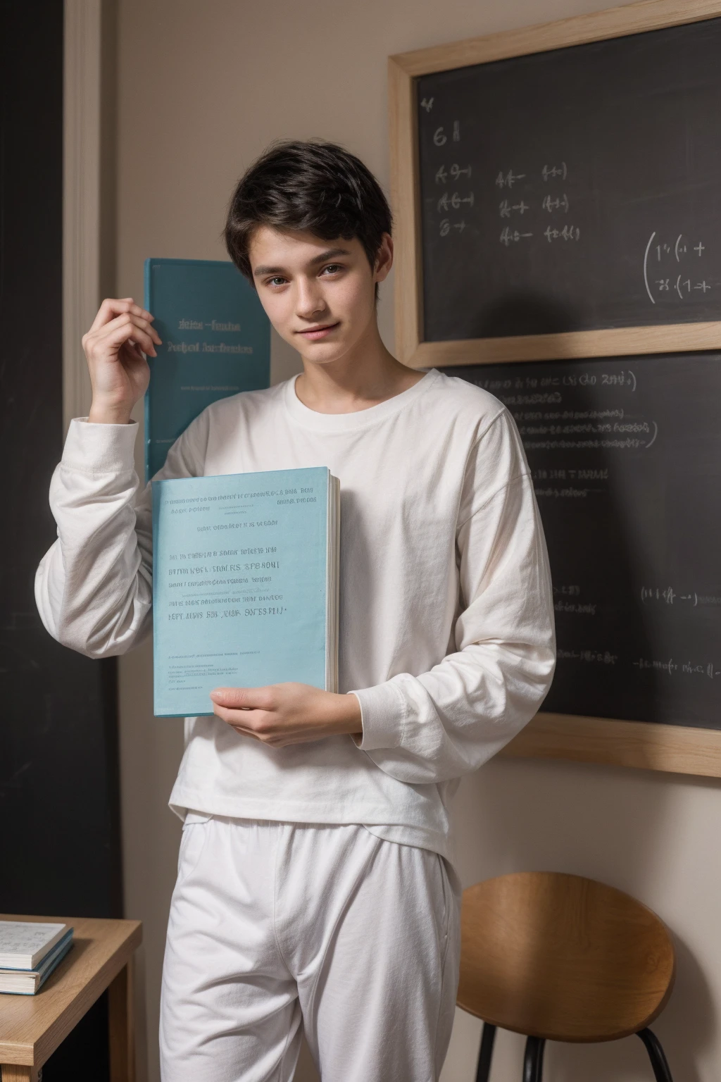 A young male twink, 22 years old, with a cute, angelic face and black hair, wearing a long-sleeved, white shirt and aquamarine pants. He has a mathematics book in his hand, and behind him is a blackboard with mathematical equations written on it, and he looks on proudly.