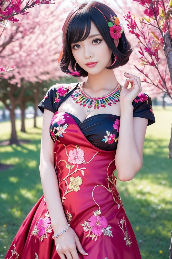 (masterpiece:1.4), (best quality:1.4), ultra high res, ultra high resolution, ((detailed facial features)), HDR, (realistic, photorealistic, photo-realistic:1.37), full body Esbian, sexy Japanese model, (-anime), vivid colors, ((vivid colors multicolor (red, fuchsia) very short hair)), (happy smile), lip-gloss, long lashes, ultra detailed metallic makeup, defined eyebrows, wearing large sparkling colorful jewelery, wearing a red silk Paradise Kiss cosplay dress with black floral embroidery, ((vivid colors outfit)), vivid colors, look at the camera, cinematic light, large park background with trees, sweet and sexy pose