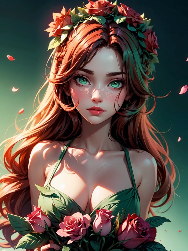 beautiful, redhead, long hair, side part hairstyle, dark green eyes, flower crown, pink roses
sultry look, seductive,