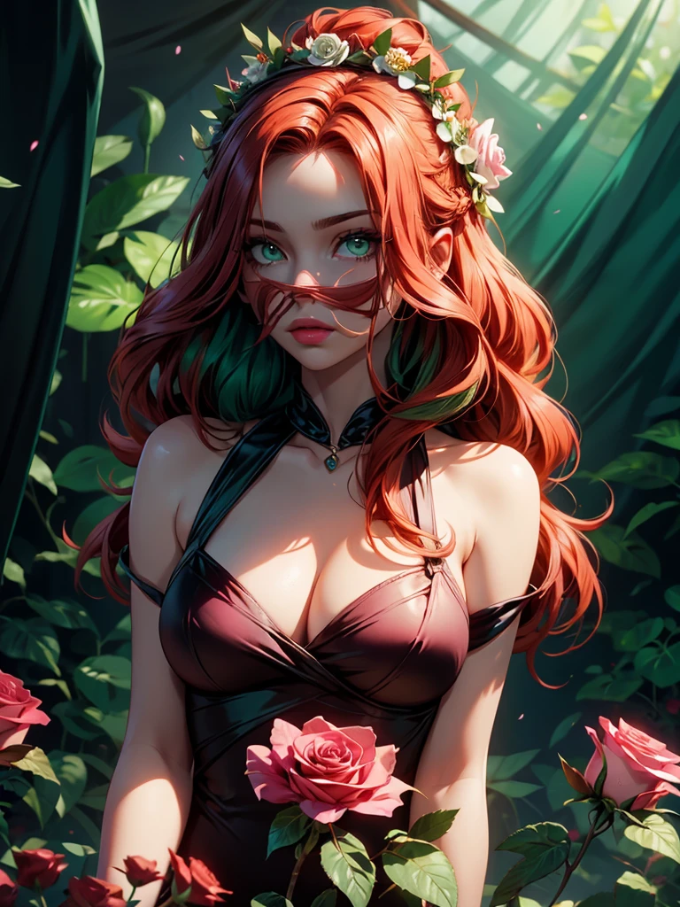 beautiful, redhead, long hair, side part hairstyle, dark green eyes, flower crown, pink roses
sultry look, seductive,