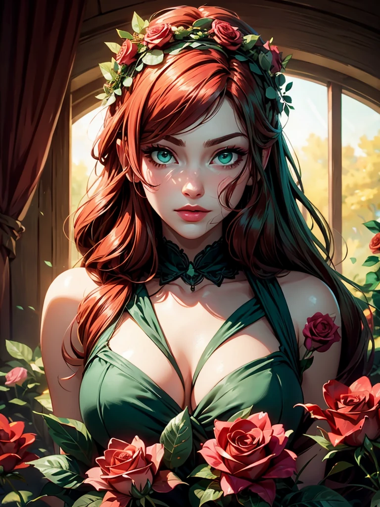 beautiful, redhead, long hair, side part hairstyle, dark green eyes, flower crown, pink roses
 sultry look, seductive,
