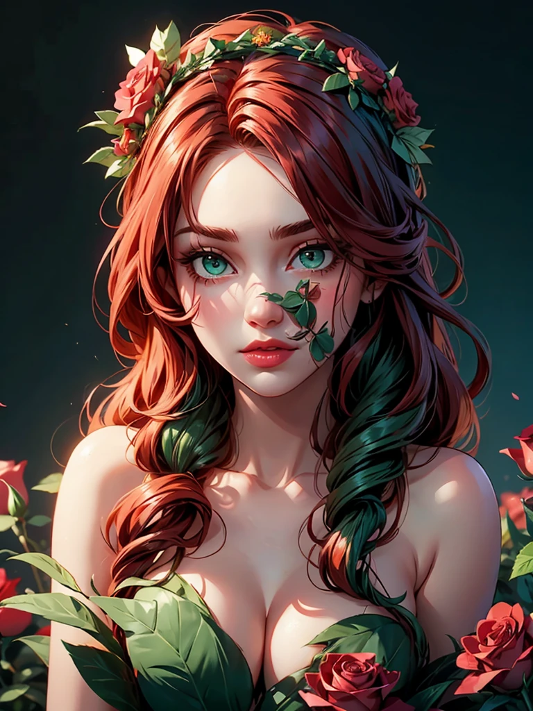 beautiful, redhead, long hair, side part hairstyle, dark green eyes, flower crown, pink roses
 sultry look, seductive,
