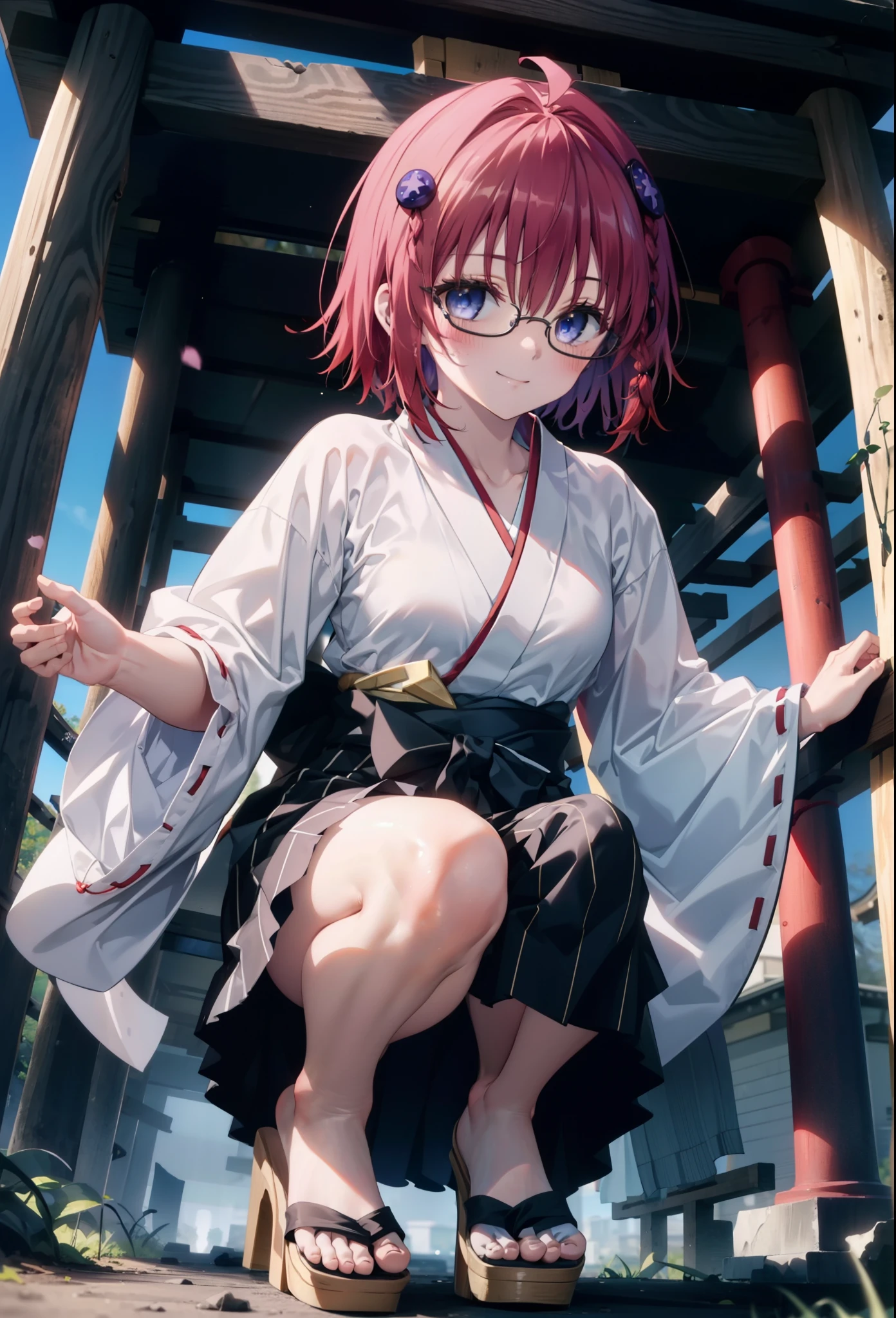 Meia Kurosaki,Meia Kurosaki,Redhead,Long Hair,Long braids,Purple eyes,Glasses, (Small breasts:1.2),Shrine maiden, 白いkimono, kimono, As with the skirt, Wide sleeves, Long sleeve, Red too,Long skirt,White tabi,Sandals,smile,blush,Sleeves edged with ribbon, whole bodyがイラストに入るように,
break looking at viewer,whole body,
break outdoors, shrine,torii,
break (masterpiece:1.2), Highest quality, High resolution, unity 8k wallpaper, (shape:0.8), (Beautiful attention to detail:1.6), Highly detailed face, Perfect lighting, Extremely detailed CG, (Perfect hands, Perfect Anatomy),