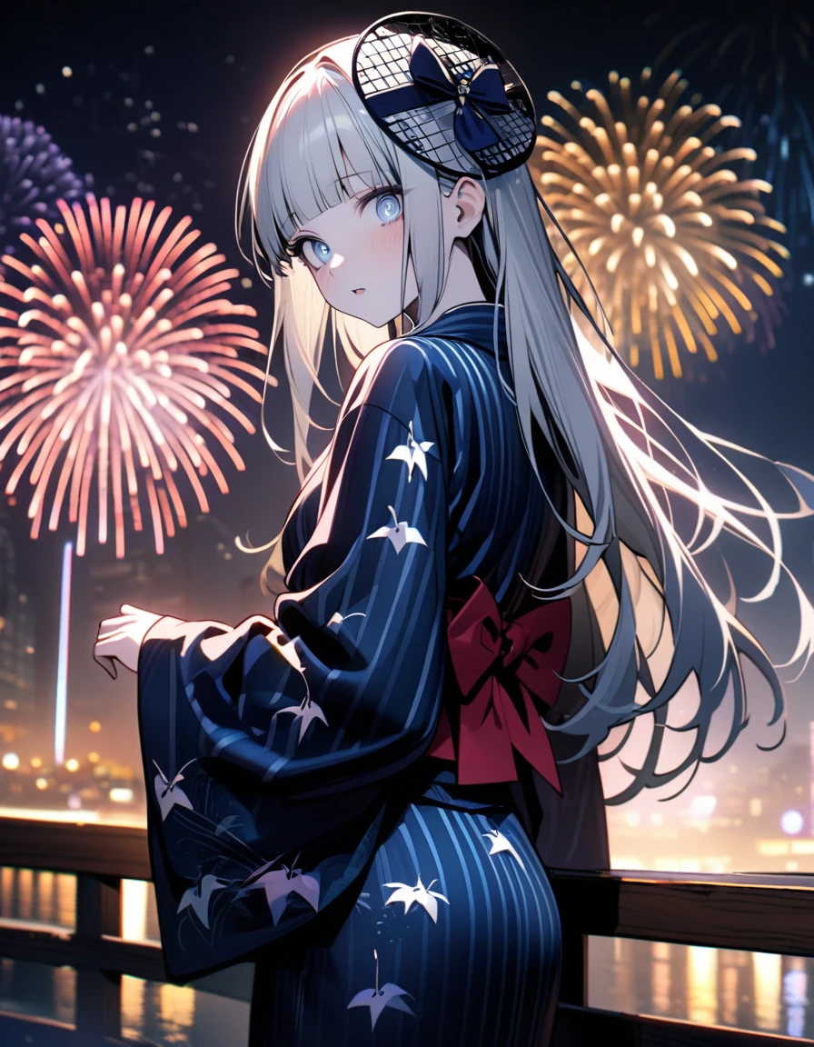 (8K, best quality, master piece: 1.2),super high resolution,1 girl,solo,16yo,ultra-detailed face,detailed eyes,silver eyes,blunt bangs,silver hair,Straight hair,Long hair,pale skin,astonished,(black Fascinator),lash extension,parted lips,BREAK,Morning glory flower pattern navy blue yukata,Japanese clothes,(long sleeve, long hem),cowboy shot,Looking back at the viewer,(fireworks shining in the night view)