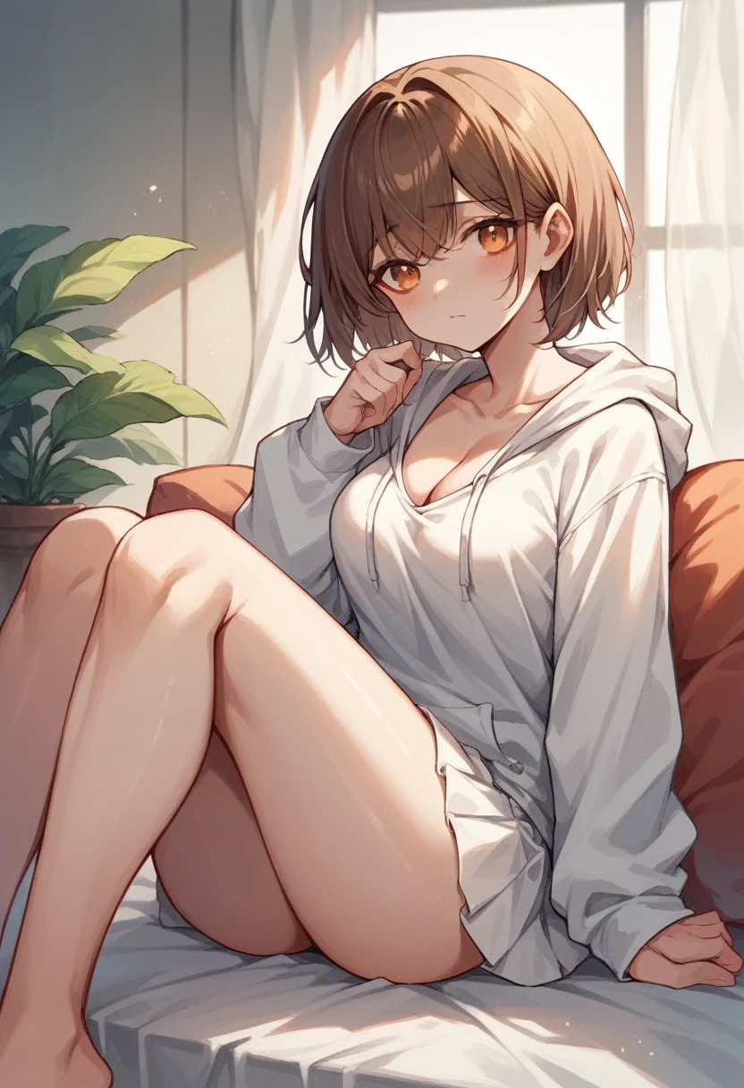 Brown-haired girl　shoulder-length hair　Wearing a white hoodie and a white skirt　Dark orange eyes　White skin　tall　With bangs　Beautiful face　Thin legs　The cleavage is visible　sitting on the bed　Thin legs　Very shy　Shyness　Anime Style