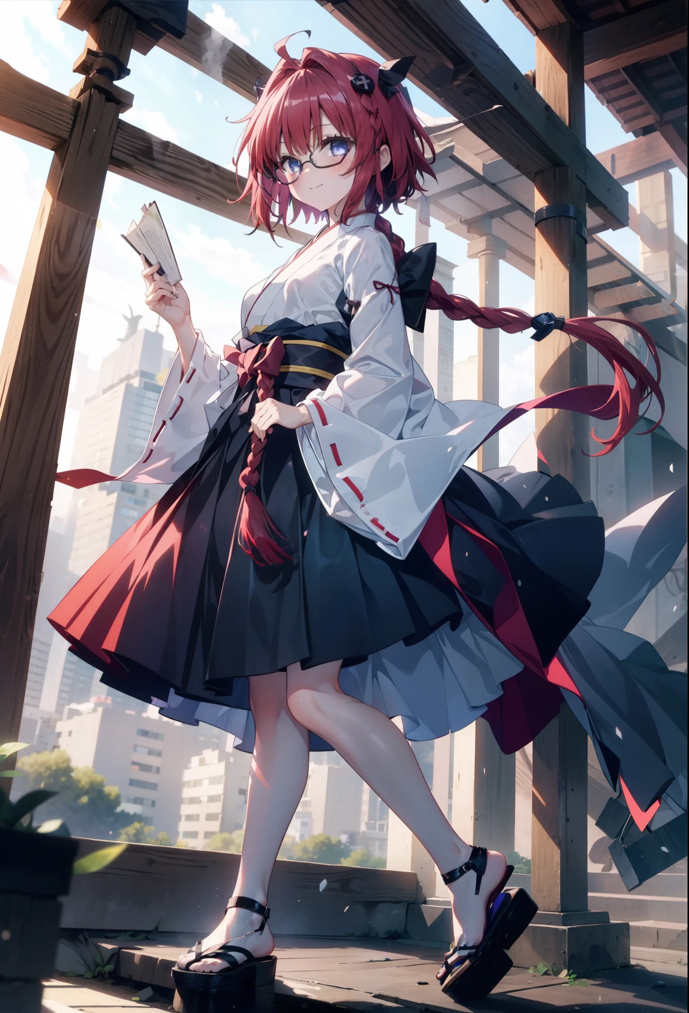 Meia Kurosaki,Meia Kurosaki,Redhead,Long Hair,Long braids,Purple eyes,Glasses, (Small breasts:1.2),Shrine maiden, 白いkimono, kimono, As with the skirt, Wide sleeves, Long sleeve, Red too,Long skirt,White tabi,Sandals,smile,blush,Sleeves edged with ribbon, whole bodyがイラストに入るように,
break looking at viewer,whole body,
break outdoors, shrine,torii,
break (masterpiece:1.2), Highest quality, High resolution, unity 8k wallpaper, (shape:0.8), (Beautiful attention to detail:1.6), Highly detailed face, Perfect lighting, Extremely detailed CG, (Perfect hands, Perfect Anatomy),