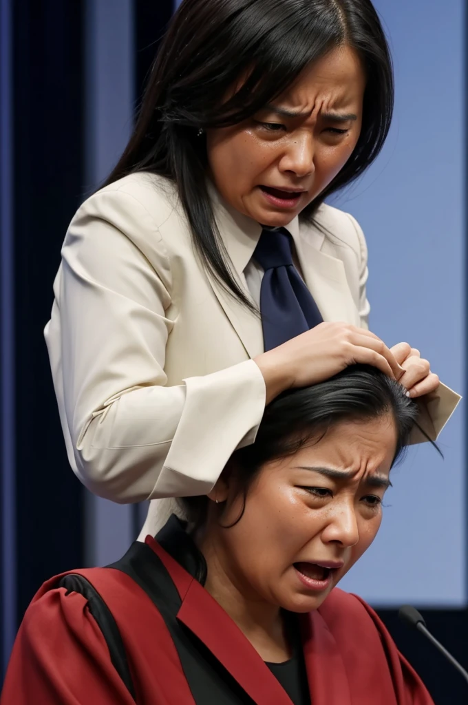 A Lawyer backing up crying few AI prompters from internet troll. Photo is realistic and full with emotion