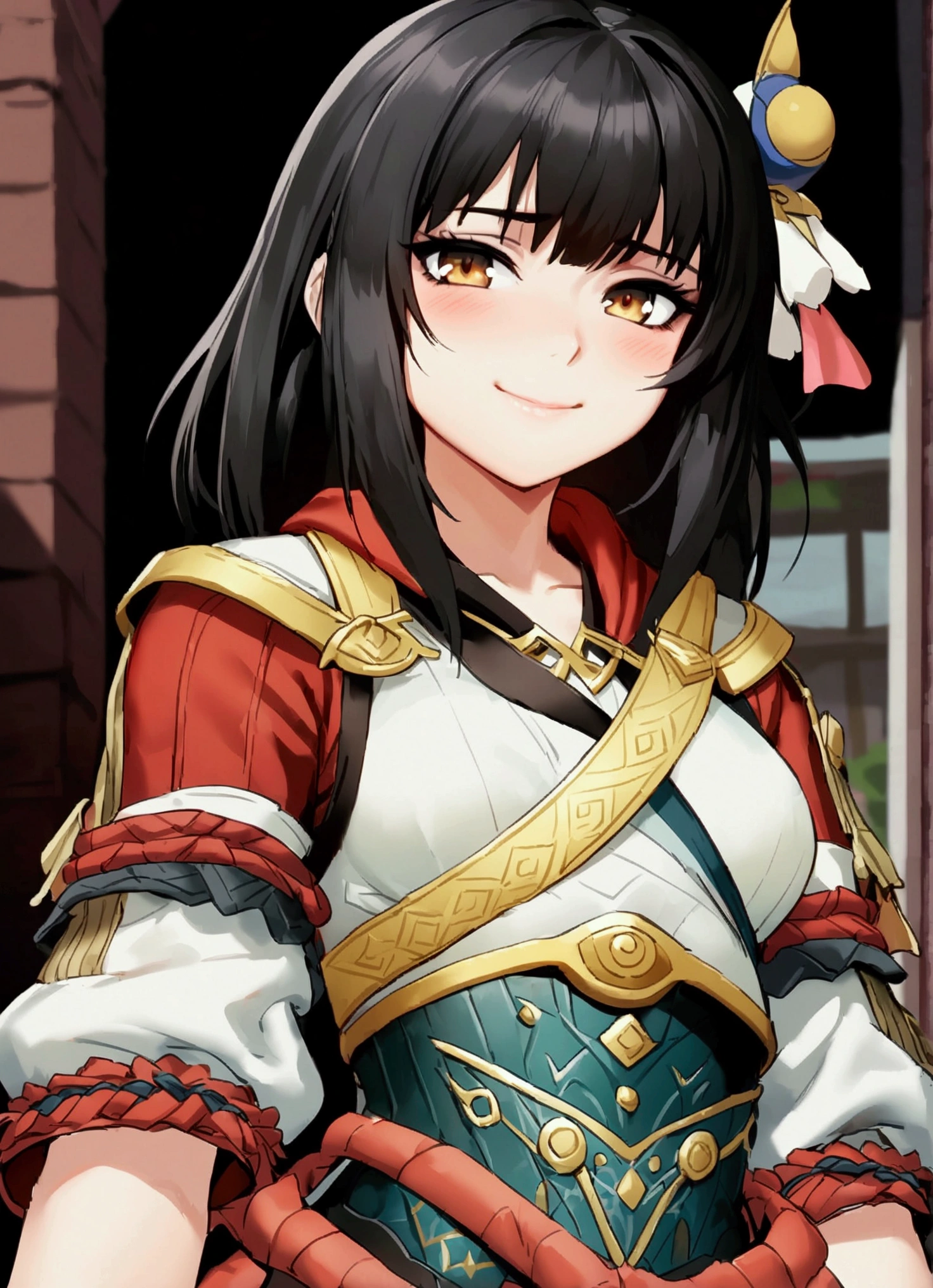 ((streetfigher)), looking the viewer, solo, girl, shy, red cheek, bashful, embarrassed, smiling, happy, perfect face, beautiful eye, upper body,