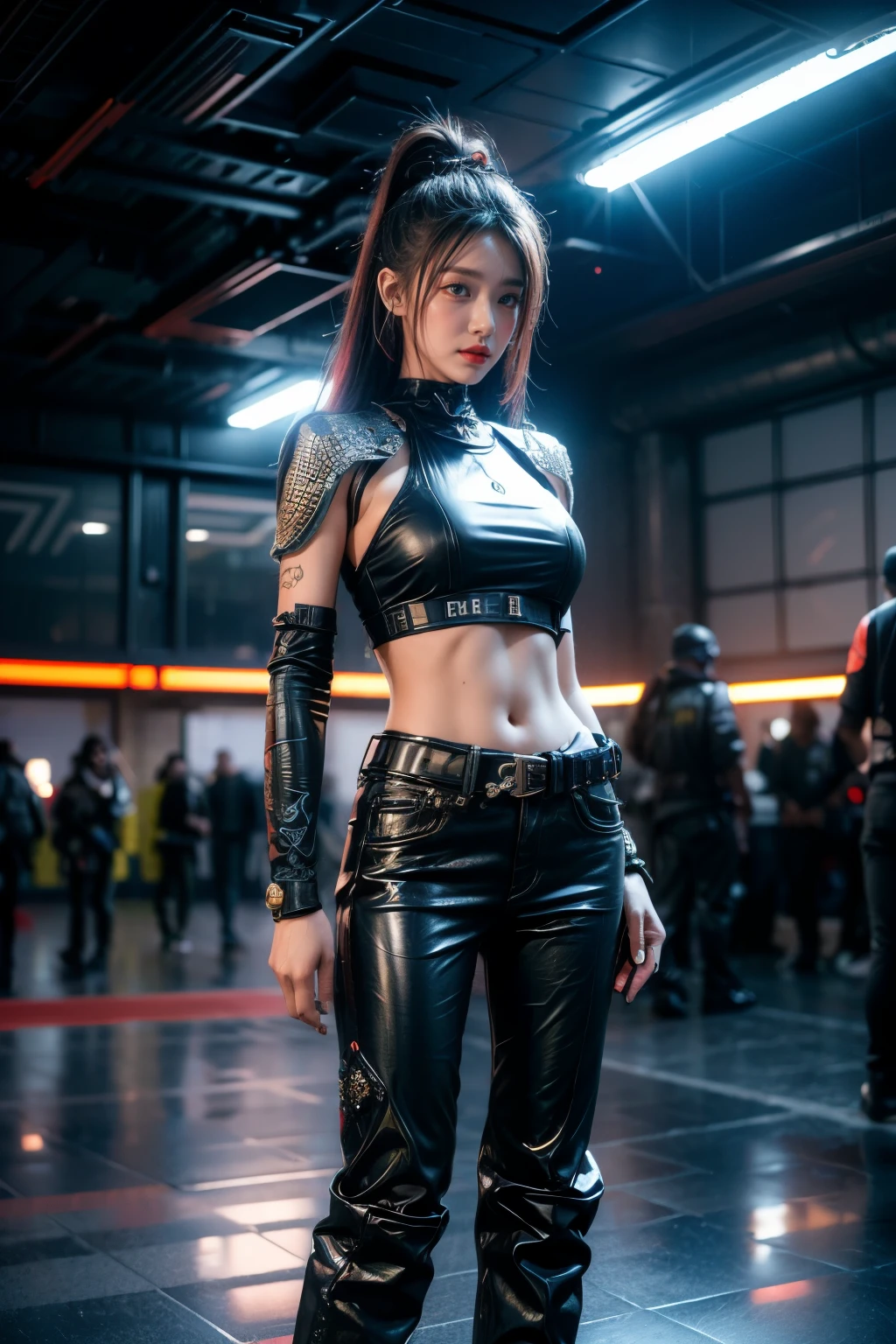 A 22-year-old cyborg hacker girl, beautiful detailed eyes, large breasts, ancient oriental hairstyle, wearing combat suit with futuristic technology, embellished with sparkly motifs and badges, dark blue skinny jeans, cyberpunk style setting, futuristic lighting and ray tracing, unreal engine 5, rule of thirds composition, (best quality, 8k, photorealistic, physically-based rendering, extreme detail, vivid colors:1.37), full body