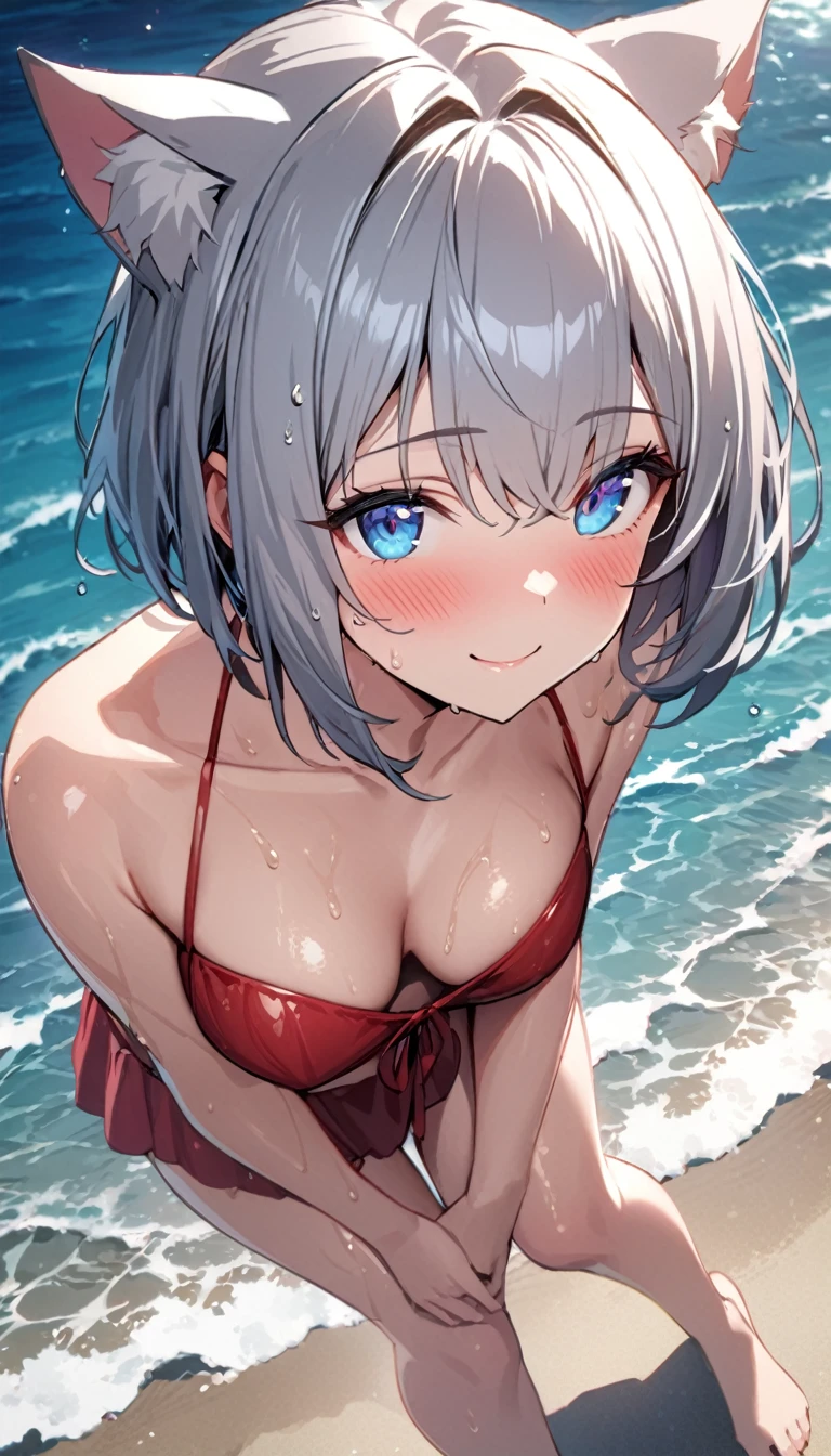 1girl、((best quality)), ((masterpiece)), (details), masterpiece, best quality, high quality, ulutra detailed, perfect face, ((1girl, Blue eyes, cat ears: 1.3 silver bob hair: 2.5,)) 、Shiny Hair、Glowing Skin、blush、Lustful look、Side Angle、Ocean岸、Ocean、evening、Shore、Your body is wet、Red Bikini、Wipe your head with a towel、barefoot、smile、