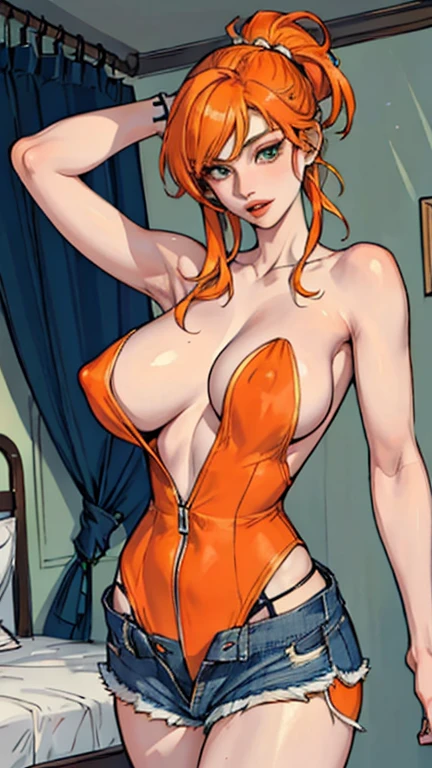 ((Orange hair)), green eyes, long hair up to half, huge bust, ((full lips)), ((masterpiece)), ((detailed)), ((topless)), ((open jean shorts)), ((Best Quality)), ((bedroom)), huge breasts, ((bright)), (pretty eyes), looking at the viewer