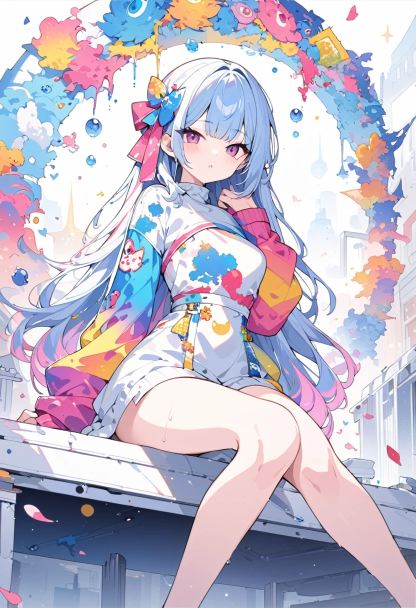 Momoko Sakura Style、8K quality、Intense watercolor,, Watercolor splash, Surreal, Avant-garde pop art, Beautiful and expressive paintings, Beautiful artwork illustration, Very colorful tones, wonderful, Cool Beauty, Highest quality, Stylish design, (((The most beautiful girl))), ((Thin legs))、(((Highest quality))), High resolution, ((detailed)), (((Doodle Art)), ((masterpiece)), ((Super detailed)),(((B-Girl))),(((Sitting))),((Sexual))