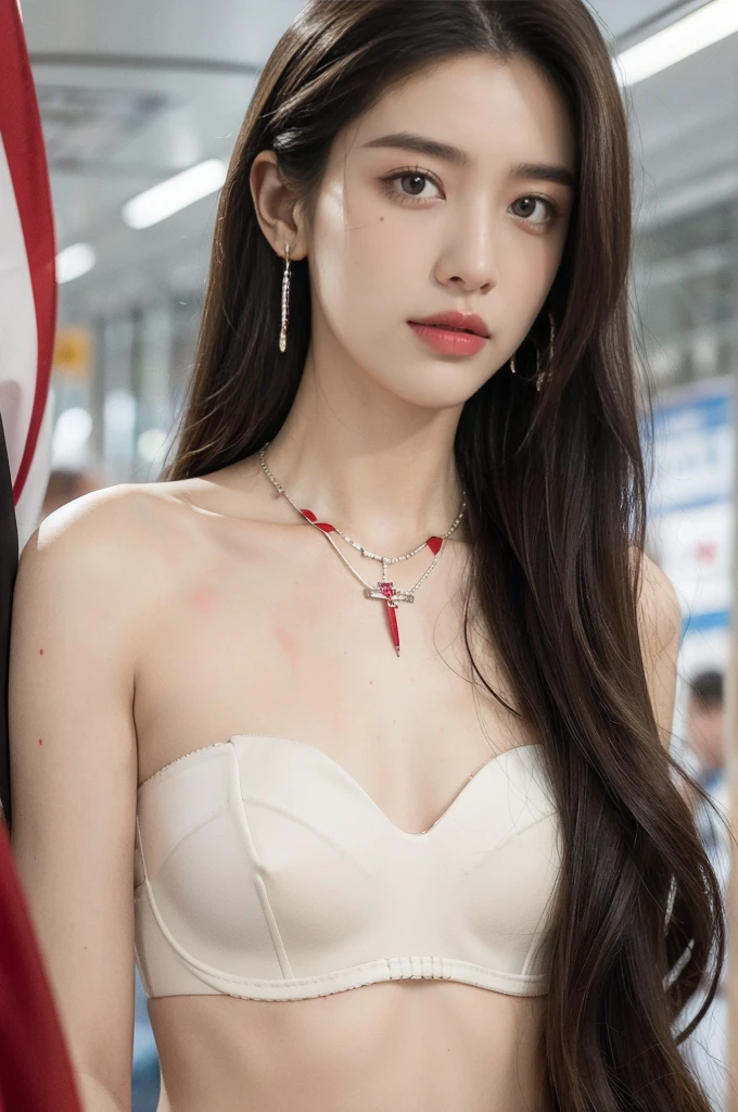 (((best quality))),(((ultra detailed))),(((masterpiece))),illustration,(a stunning girl,solo),(shoulder length straight hair:1.2),((earrings,necklace)),((slim,thin)),((small breasts,flat chest)),(standing:1.3), ((awkwardly,painful,embarrassed)),(In modern high-speed railway carriages:1.3),(strapless white bra splattered with red paint stains:1.3),(surrounded by crowded crowds:1.3),((from front,close-up of face))
