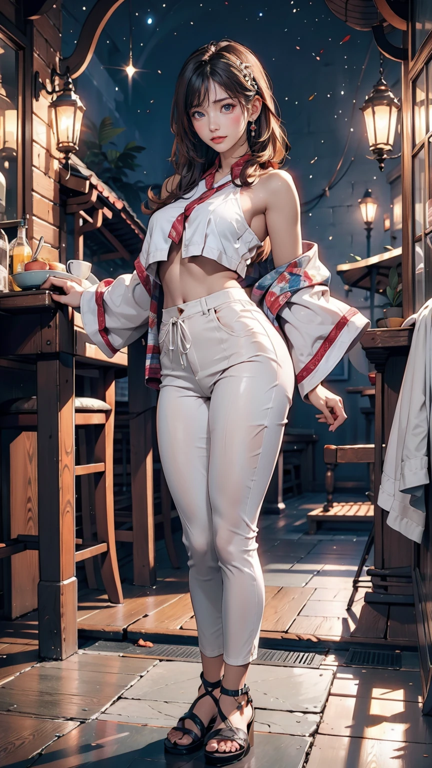 masterpiece, Beautiful Goddess of the Void, Full body white transparent clothing standing under the stars at night in the sky, Disappearing Transparent Pants, Full body standing, Tall figures, Thin legs, Facial details, Body parts details, 8k wallpaper、24-year-old female、Sexy proportions、Sexy、Textured skin((textured skin))、Narrow waist、Long eyelashes、bottomless、topless、Lace-up sandals、smile