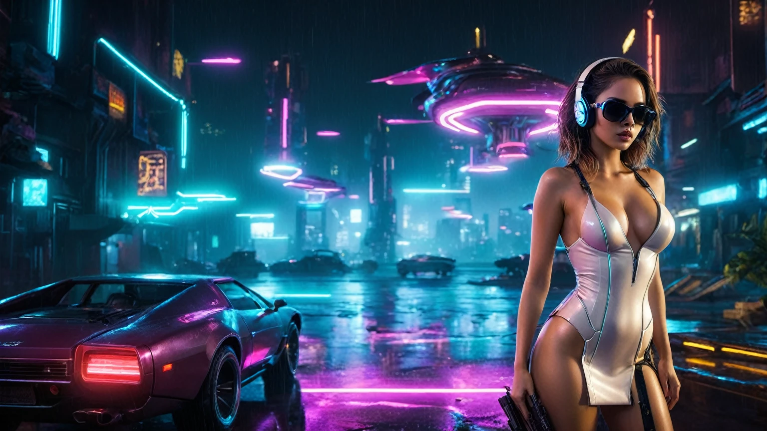 (aerial view, a flying cars docking platform, a very dark abandoned futuristic city, neon lights), rainy night. (((1girl, solo, alone))), large-breast:1.2 slim body, cleavage:1.1, sexy wind blowing wet dress:1.4, (((headphone, black sunglasses, standing and holding pistol:1.8, dynamic seductive pose))), (((((half-body thigh level medium shot))))), cinematic lighting, lens flare, ray tracing.