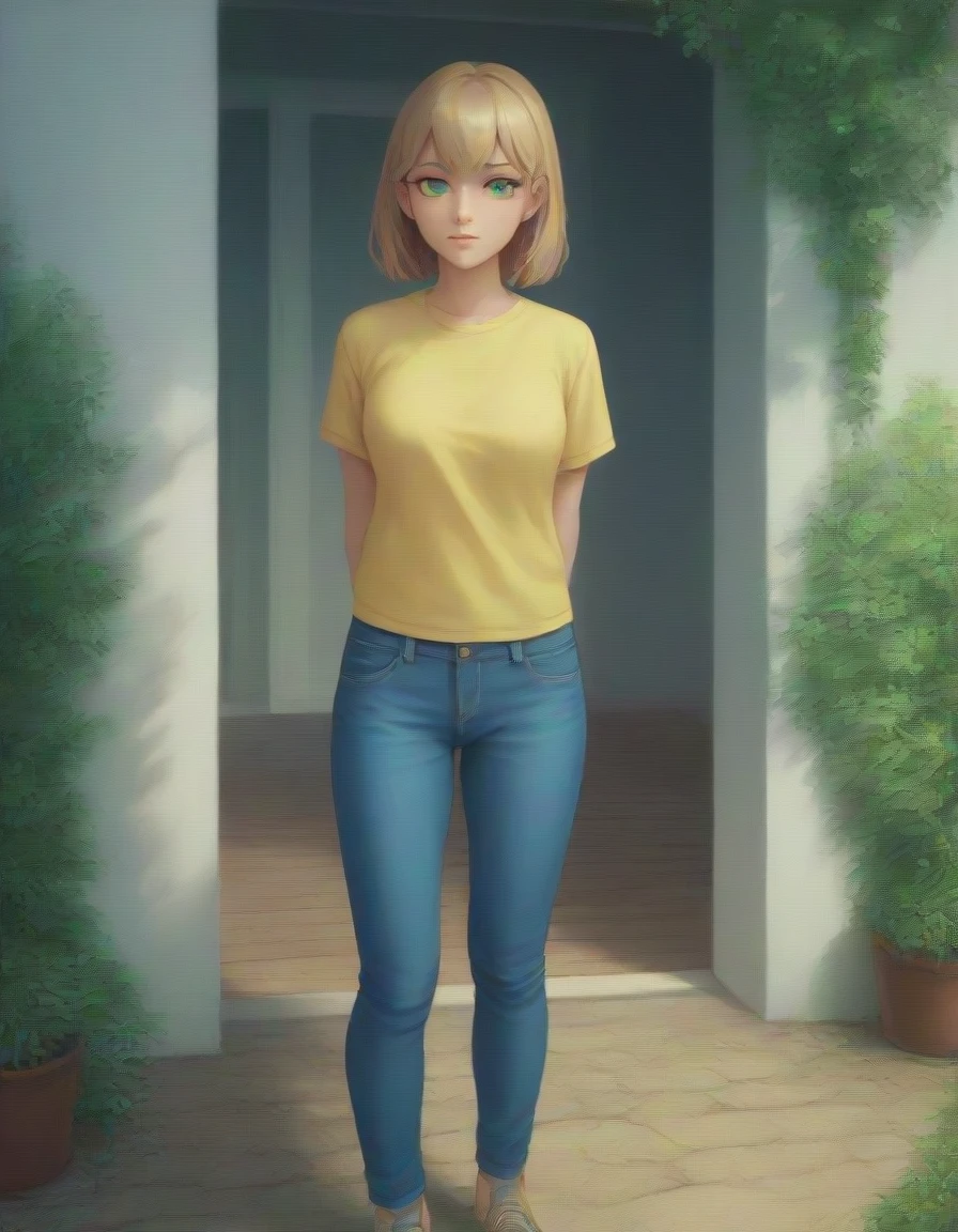 Masterpiece , highly detailed , best quality , perfect face , green eyes , fubuki , wearing short sleeves yellow designed t-shirt and blue jeans , in garden , arms bound behind back with rope  , looking at camera , standing still 