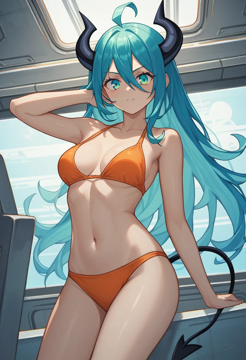 score_9, score_8_up, score_7_up,1 daemon woman, black  horns, black demon tail, (aquamarine hair),aquamarine green color hair,ahoge, long hair, (long hair),bangs, light orange bikini, bikini is orange, bikini orange, orange bikini!, (aquamarine eyes), background is spaceship, aquamarine eyes, 1woman ,facing viewer, daemon girl,  close up,Well-endowed, alone, Spacecraft interior, dynamic pose