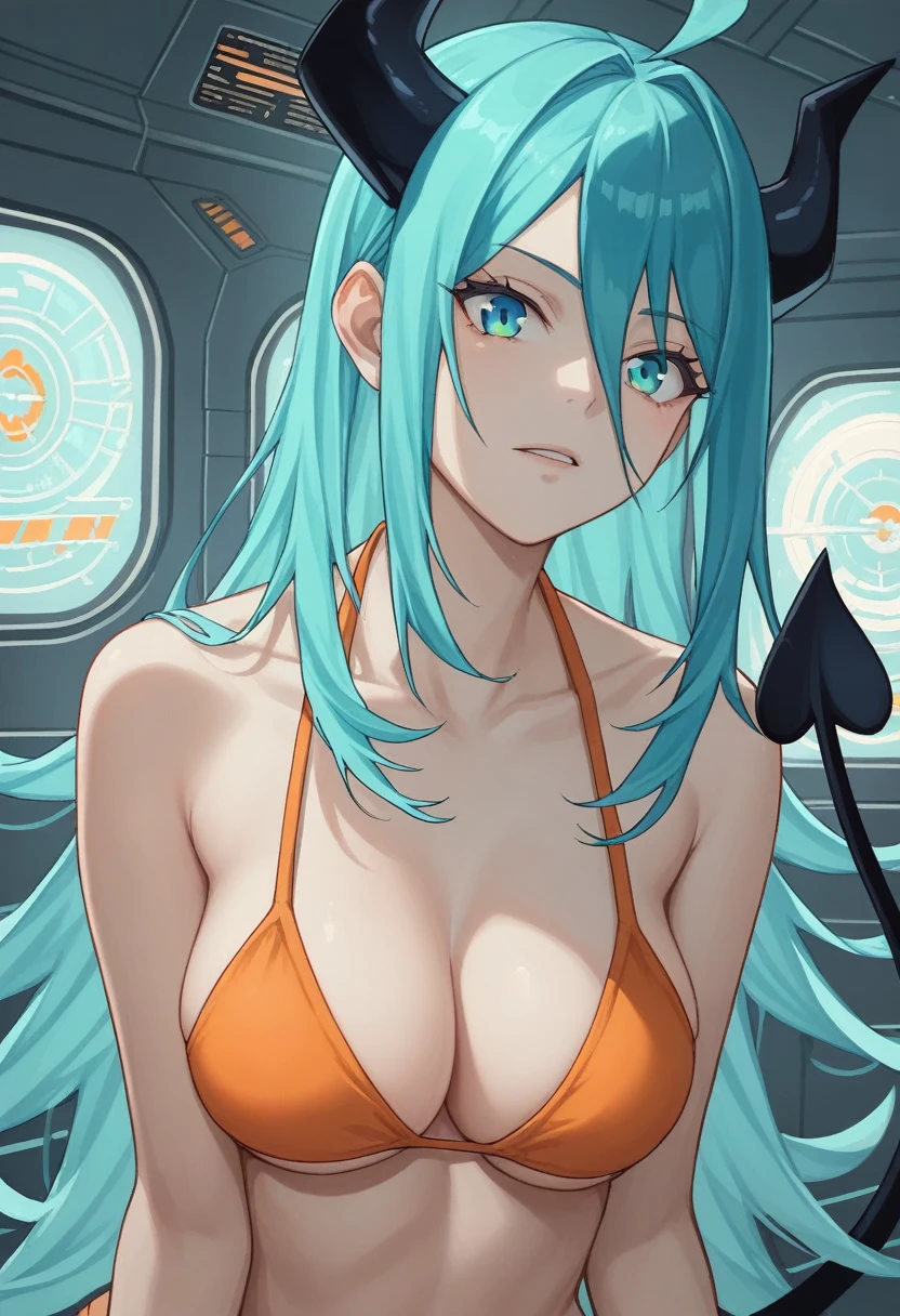 score_9, score_8_up, score_7_up,1 daemon woman, black horns, black demon tail, (aquamarine hair),aquamarine green color hair,ahoge, long hair, (long hair),bangs, light orange bikini, bikini is orange, bikini orange, orange bikini!, (aquamarine eyes), background is spaceship, aquamarine eyes, 1woman ,facing viewer, daemon girl, close up,Well-endowed, alone, Spacecraft interior, dynamic pose
