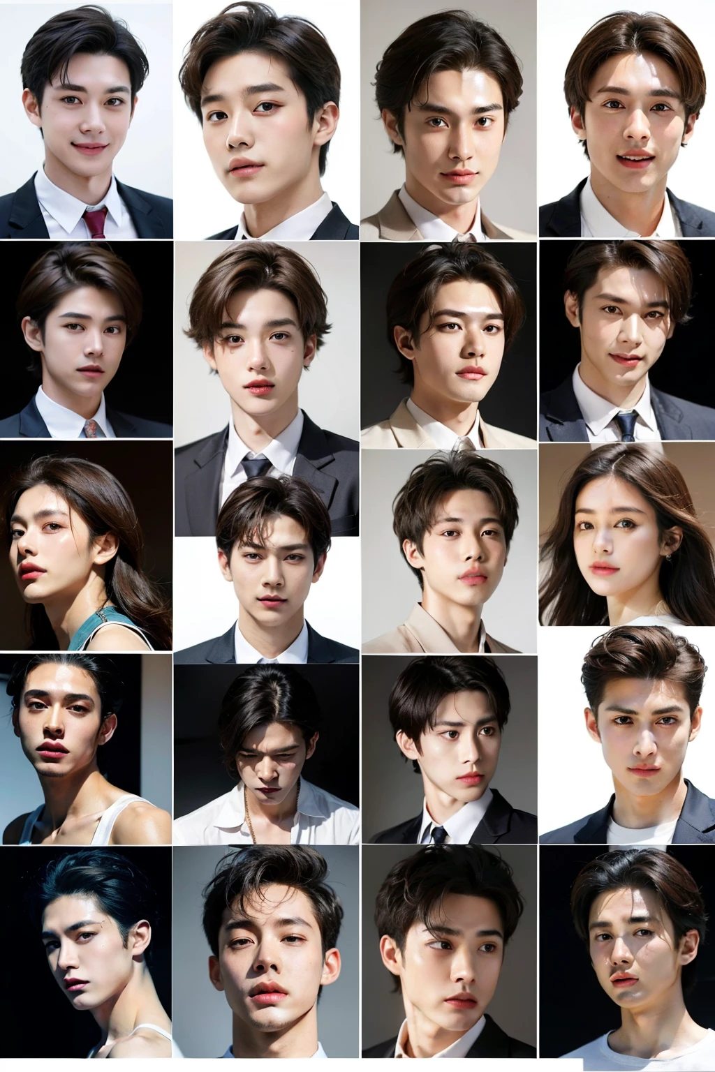 Various facial expressions of young male idols, 
Smile, sad expression, serious expression, character sheet,