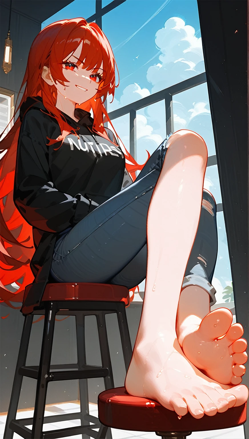 wallpaper,A woman sits on a stool,Looking up, best quality, Very detailed, masterpiece, Extremely detailed, illustration, Sky,Foot Focus, Smirk, Bangs,Long hair,齐Bangs, barefoot,The soles of your feet sweat a lot,Black sweatshirt,jeans,big sister,30 years old,Very high,