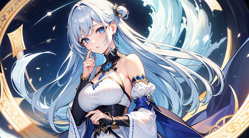 Highest quality, masterpiece, figure, wallpaper,One girl, Beautiful detailed girl, Highly detailed eyes and face, Beautiful attention to detail, Shine, View your viewers, Blue Eyes, Side Up,Beautiful silver hair ,crisp finger, clear background, deep night、Big earrings、bracelet,