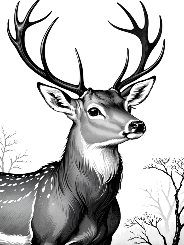 A whole deer，Exquisite details,masterpiece, Crisp details，Black and white woodblock print style，White clean background
