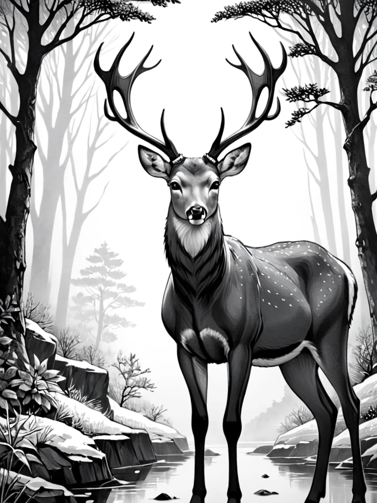 A whole deer，Exquisite details,masterpiece, Crisp details，Black and white woodblock print style，White clean background