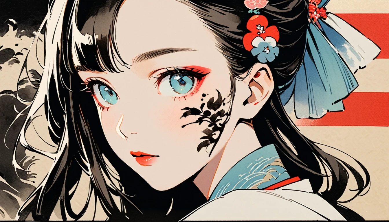 (((Ink Painting))), Fashion portrait color photos, (((1 girl))), (((Tattoo on face))), (((Gorgeous hair accessories))), Japanese style headphones, face close-up, Japan人の美少女, Black Hair, Delicate and precise, Modern ukiyo-e style, Japanese flag, Japan