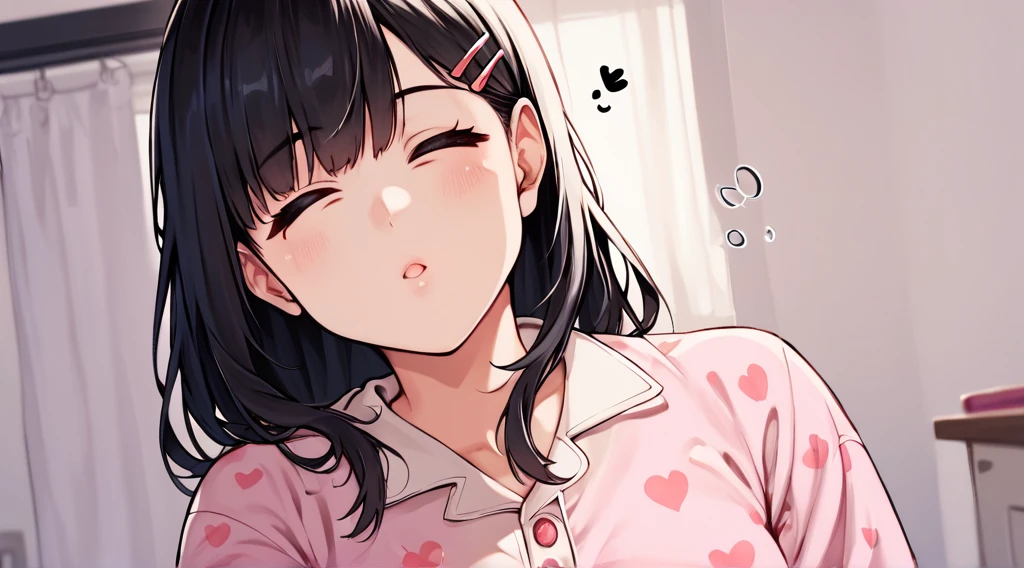 score_9, score_8_Excellent, score_7_Excellent,   Cowboy Shot, Waking up、Bed,pajamas,  One Girl,,  amount,  Hair Clip, Voice of the Heart, Black Hair, bangs,
,   