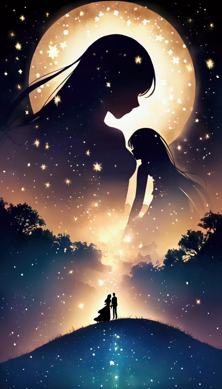 "Twinkling Star々The night sky is filled with, Each star shines brightly. This scene radiates a sense of love and connection., As if the stars were shining a light on your feelings for that special someone. background, soft, The gentle glow enhances the romantic atmosphere.. Starlight creates a path to the horizon, It symbolizes the bond between two people that transcends distance.."Male and female silhouette