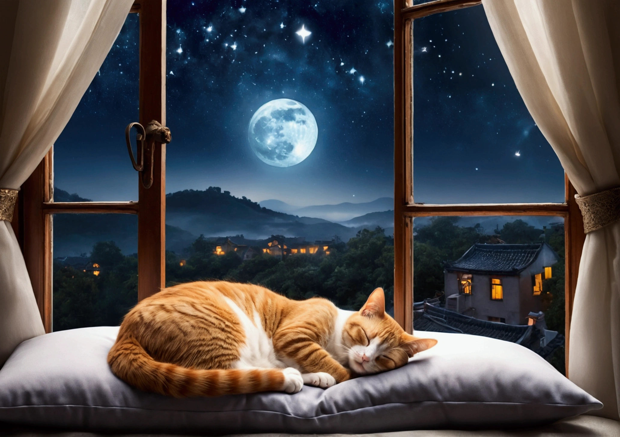 Cat sleeping on pillow, steaming tea, ,A window with a beautiful view, Night Sky, moon.