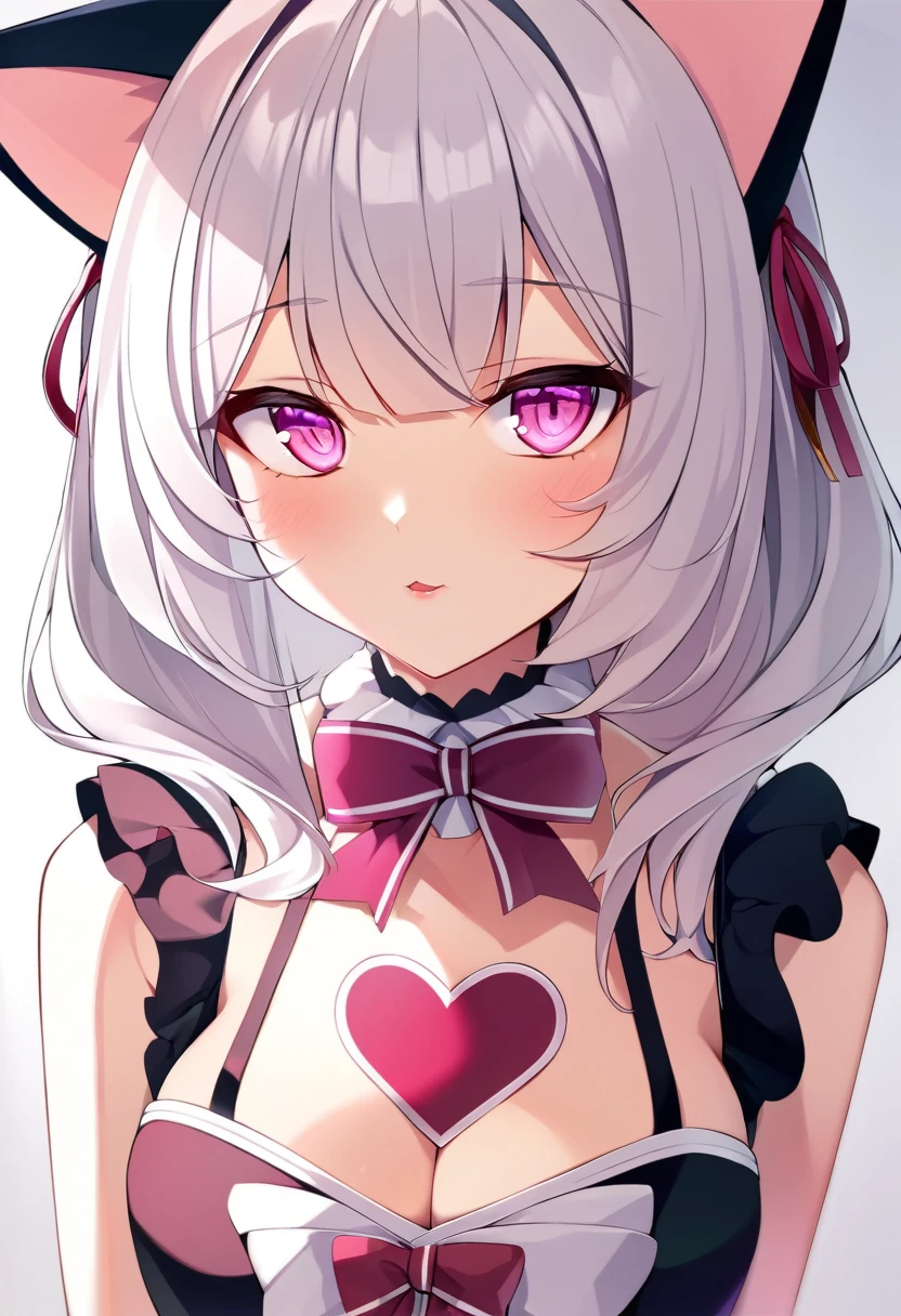 one girl, cat ears, white hairs, naive, hair eyes, pink eyes, love me, tundere