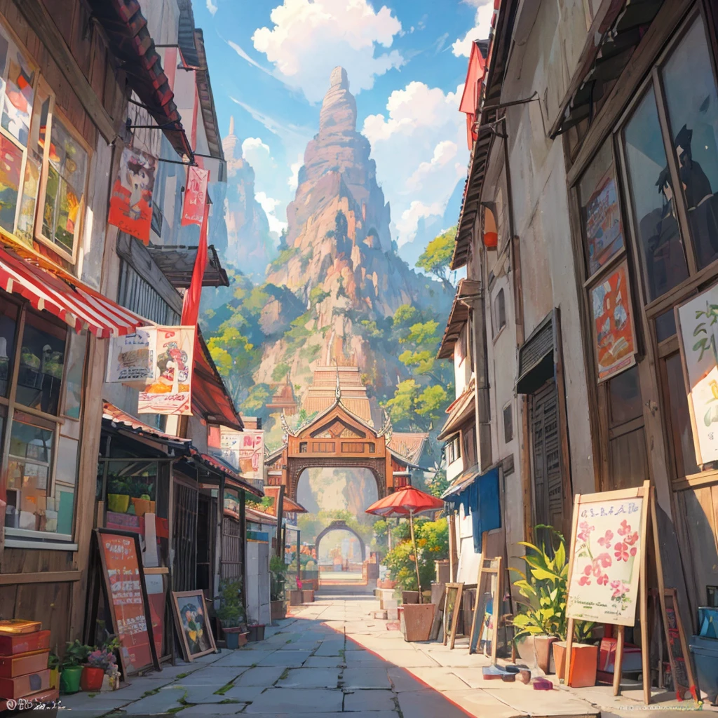 Various provinces of Thailand, in the morning, colorful anime cartoon, Feel entertained.