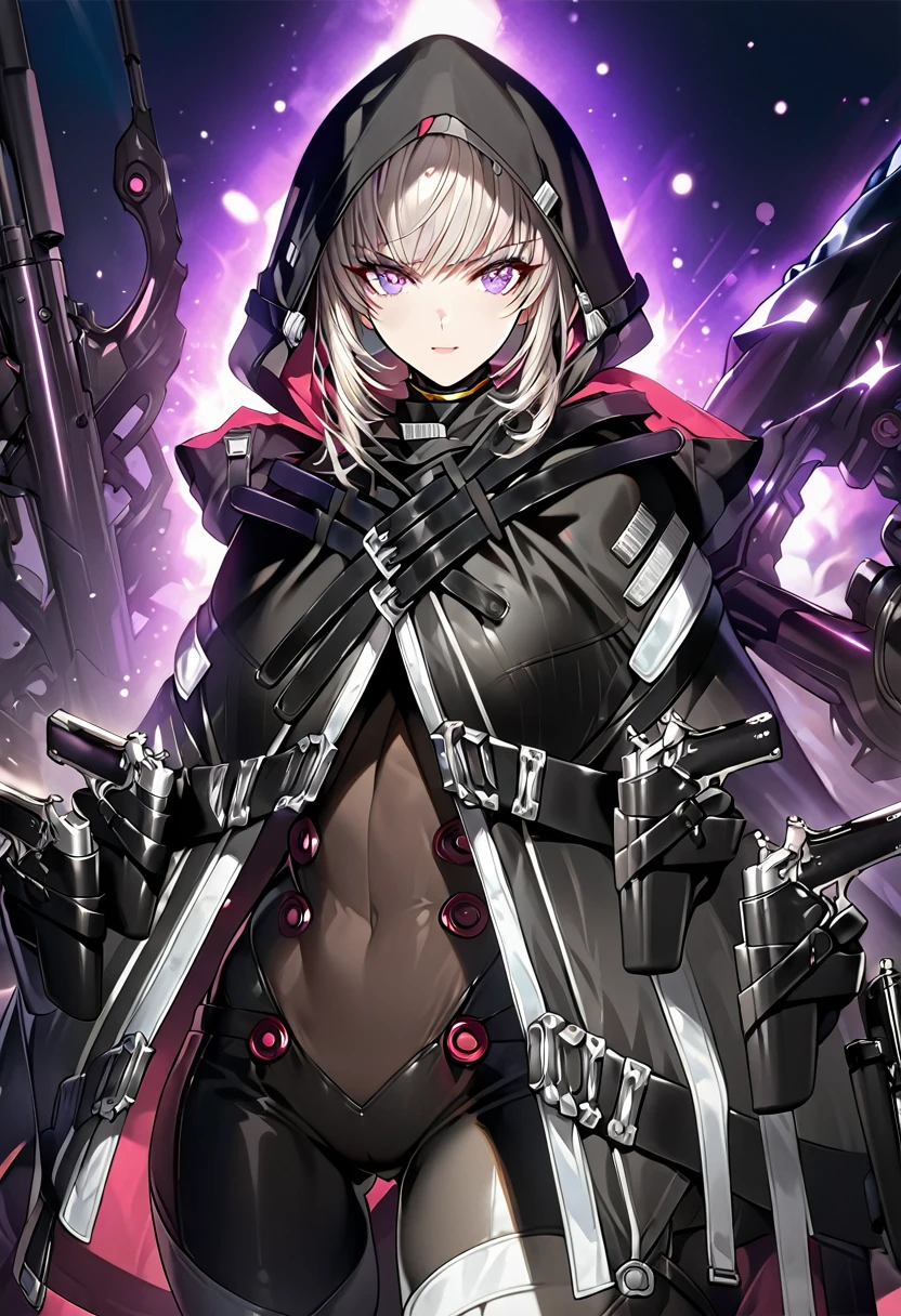 absurdres, by famous artist, exquisite, cowboy shot, hood, jacket, body suit, black clothes, black wear, weapon,(((purple eyes))), masterpiece, super fine illustration, ultra high res, masterwork, best quality, cg unity 8k wallpaper, official art, ultra detailed, finely quality eyes, (((accurate face parts))), (((perfect face, perfect eyes))), ultra detailed beautiful face, ultra detailed beautiful eyes, (((clear eyes, light eyes))), (((even eyes, symmetrical eyes))), (((breasts))), gleaming skin, oil skin, shiny skin, (((black pantyhose, black tights))), beautiful and aesthetic, High quality, extremely detailed, extremely detailed cg unity 8k wallpaper, super detailed skin, hdr, highers, extremely detailed beautiful face, 16k, finely detail, Amazing, top quality, distinct image, vibrant details, professional art, finely detailed face, a face of perfect proportion, high detailed face, beautiful, extremely detailed beautiful girl, ultra detailed beautiful girls, absolutely resolution, illustration, increase cinematic lighting quality, exquisite detail, hyper detailed, high detail, (((shiny eyes))), (((beautiful eyes))), (((detailed eyes))),