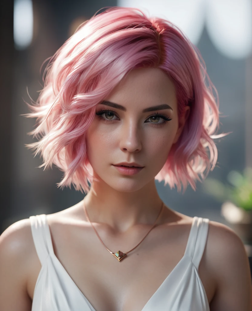 arcanevi, a woman with medium short pink hair wearing a white dress, female face, unreal engine character art, portrait