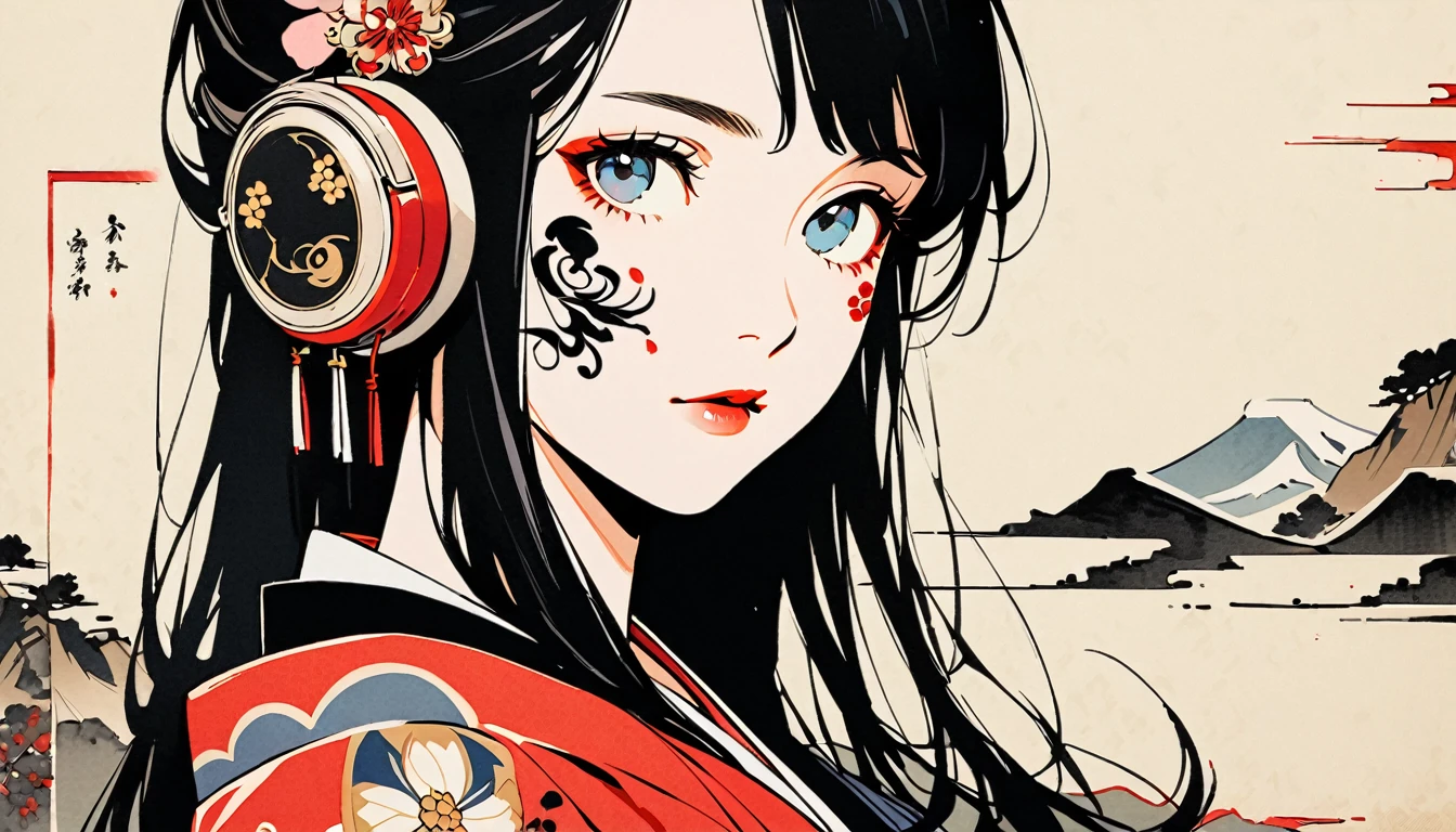 (((Ink Painting))), Fashion portrait color photos, (((1 girl))), (((Tattoo on face))), (((Gorgeous hair accessories))), Japanese style headphones, face close-up, Japan人の美少女, Black Hair, Delicate and precise, Modern ukiyo-e style,Japan, Japanese flag