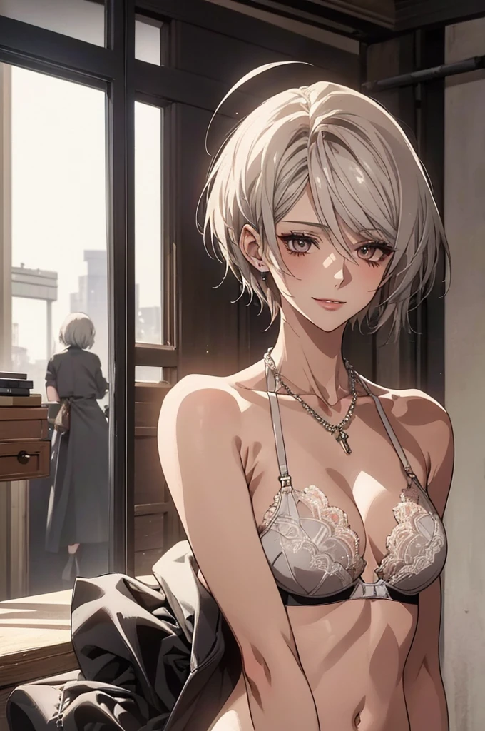 (Highest quality, High resolution, Very detailed), Realistic, Very beautiful 8K, CG wallpaper, Silver Hair, Super short hair, lace thong bra, NUDE, Large Breasts, Perfect Makeup, 20th Generation, Beautiful woman, mature, quiet, Calm, A small smile,