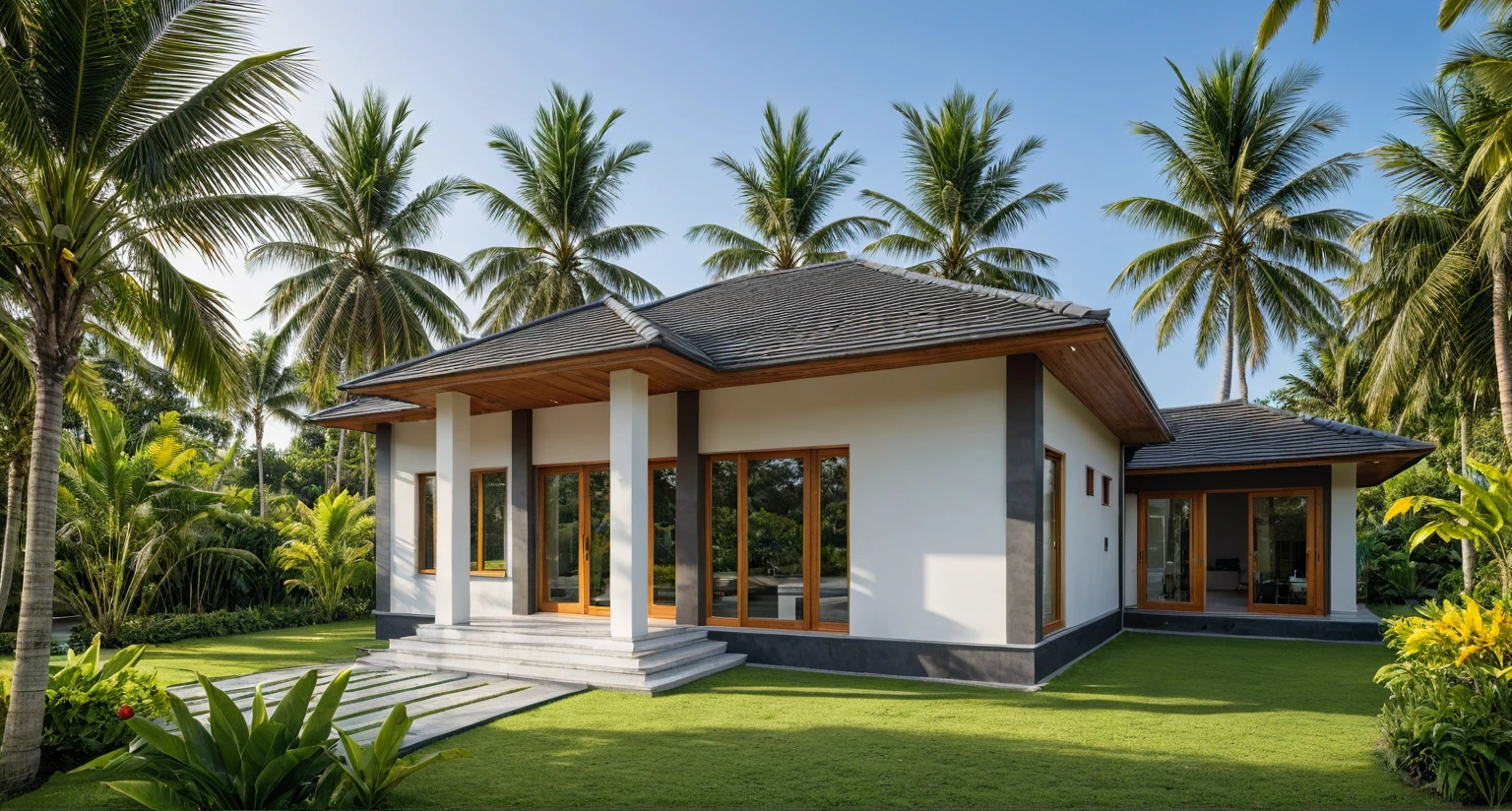 (masterpiece:1.2), best quality, photo of modern 1-storey house in countryside, white walls and local wood, large garden with many tropical trees and coconut trees, large garden, dark tiles sloping roof, vivid color, sunlight