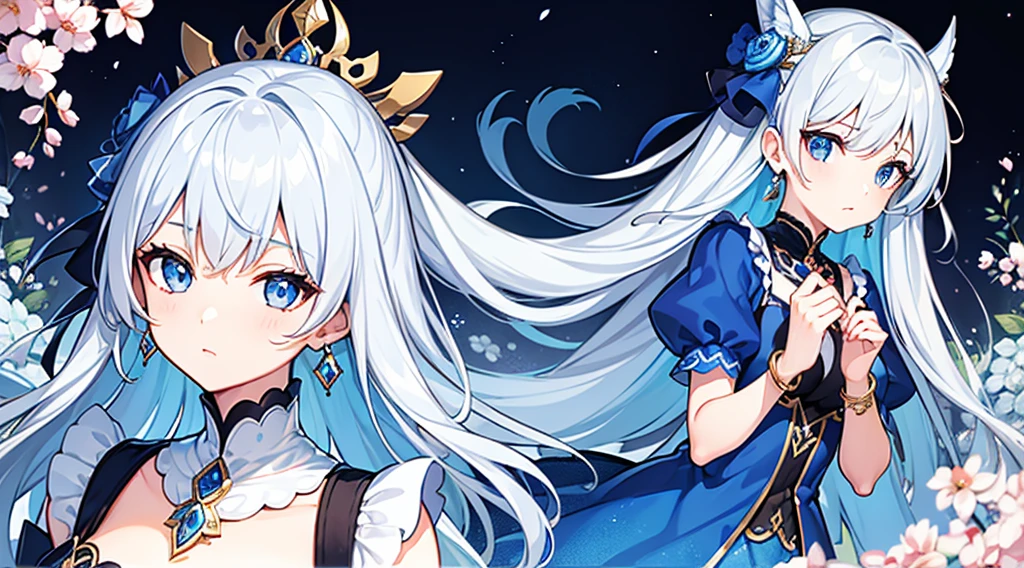 Highest quality, masterpiece, figure, wallpaper,One girl, Beautiful detailed girl, Highly detailed eyes and face, Beautiful attention to detail, Shine, View your viewers, Blue Eyes, Side Up,Beautiful silver hair ,crisp finger, clear background, deep night、Big earrings、bracelet,