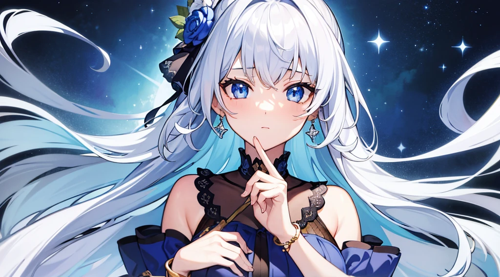 Highest quality, masterpiece, figure, wallpaper,One girl, Beautiful detailed girl, Highly detailed eyes and face, Beautiful attention to detail, Shine, View your viewers, Blue Eyes, Side Up,Beautiful silver hair ,crisp finger, clear background, deep night、Big earrings、bracelet,